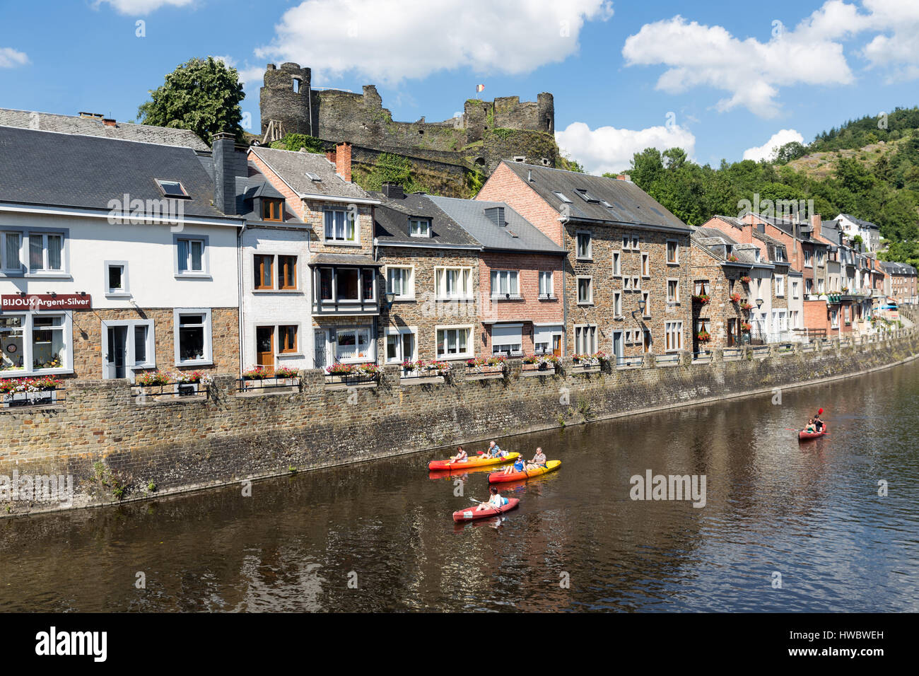 LA ROCHEENARDENNES, BELGIUM AUGUST 14, 2016 People with Kayaks at river Ourthe in the
