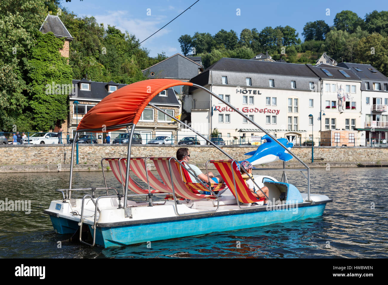 BOUILLON, BELGIUM AUGUST 18, 2016 River Semois with father and son
