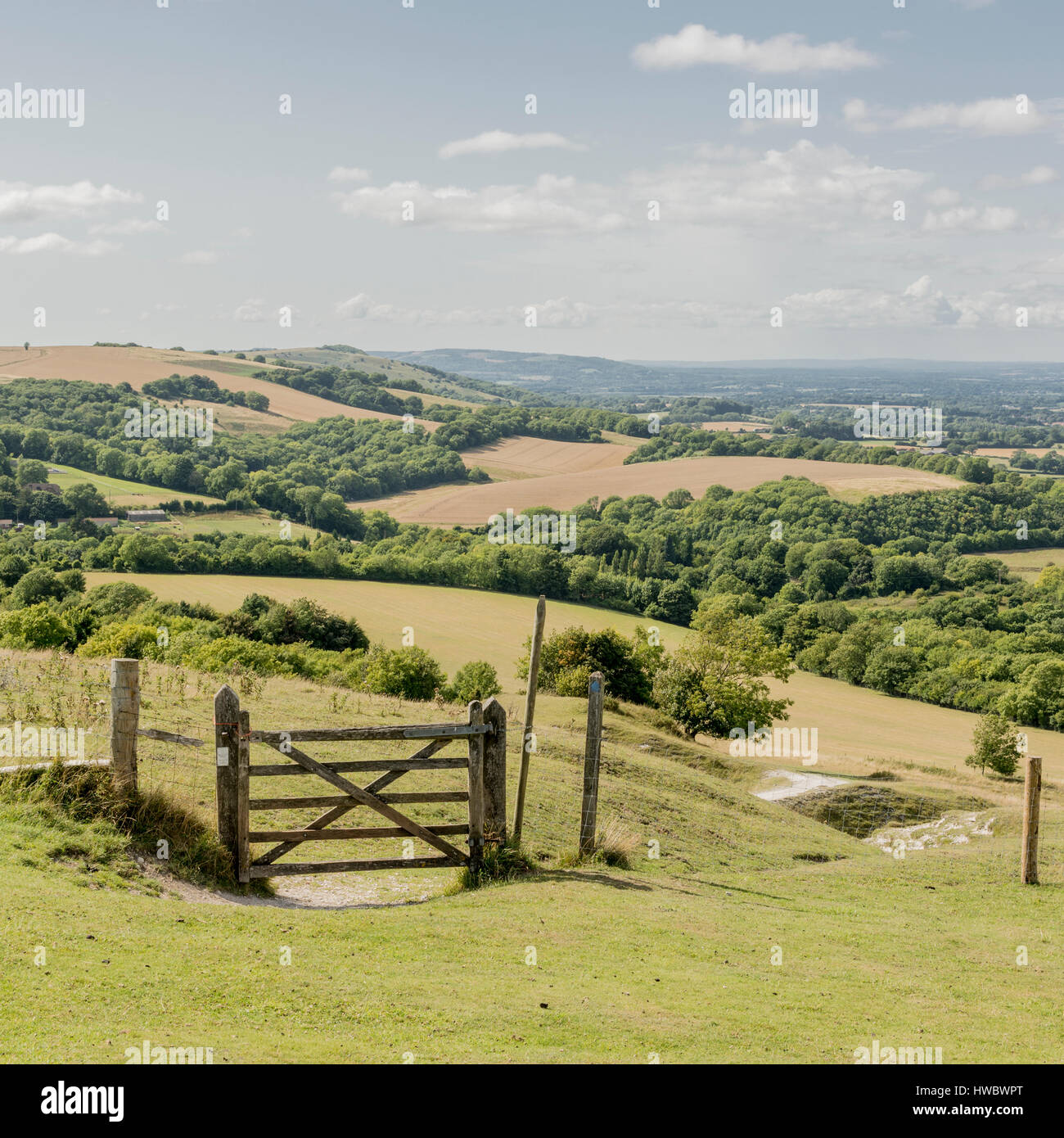 Looking over the Sussex Weald from high up in the South Downs National Park, West Sussex, England, UK. Stock Photo