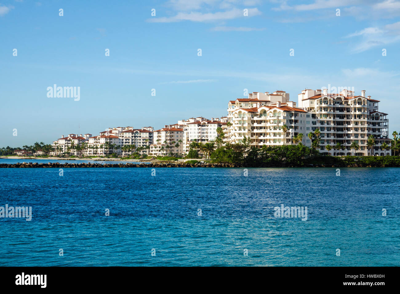Miami Beach Florida,Government Cut,water,Fisher Island,building,luxury condominium buildings,high-rise,exclusive community,FL170205011 Stock Photo