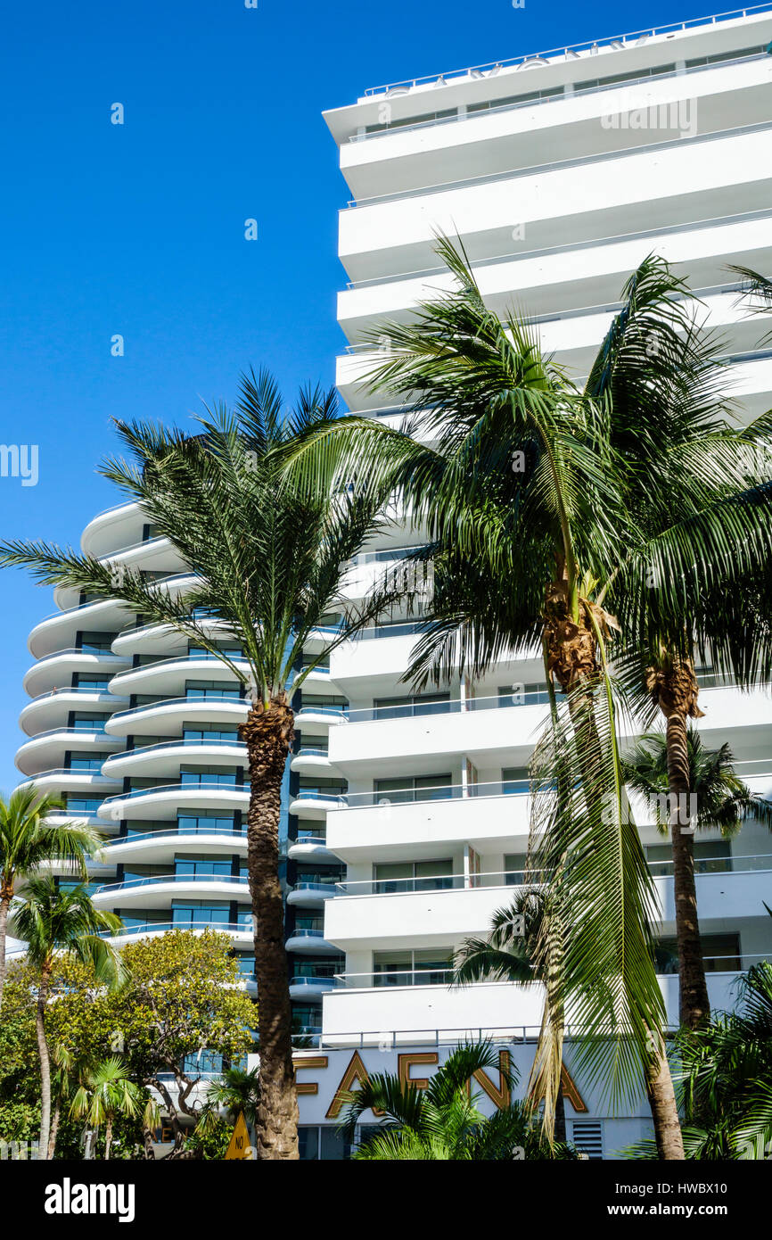 Miami Beach Florida,Faena District,Collins Avenue,Faena Hotel,Faena House,hotel,condominium residences,building,exterior,palm tree,landscaping,balcony Stock Photo