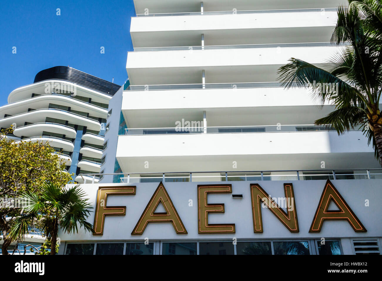 Miami Beach Florida,Faena District,Collins Avenue,Faena Hotel,Faena House,hotel,condominium residences,building,exterior,sign,balcony,luxury 5 star,FL Stock Photo