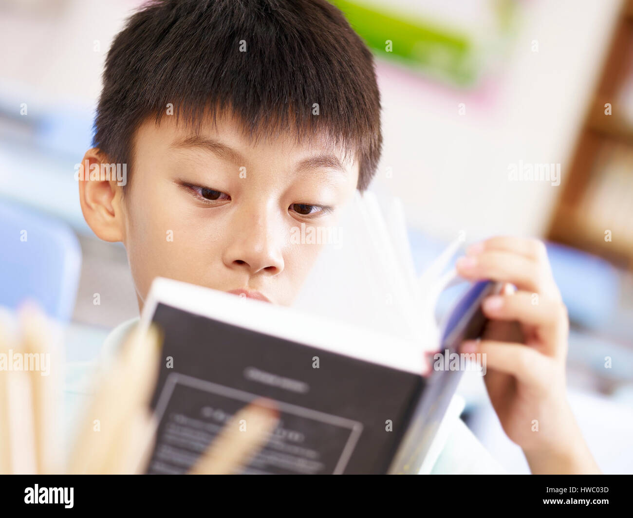 eleven- year-old asian school boy reading a book. Stock Photo