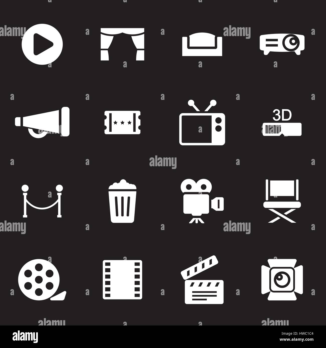 Vector white cinema icons set on black background Stock Vector Image ...