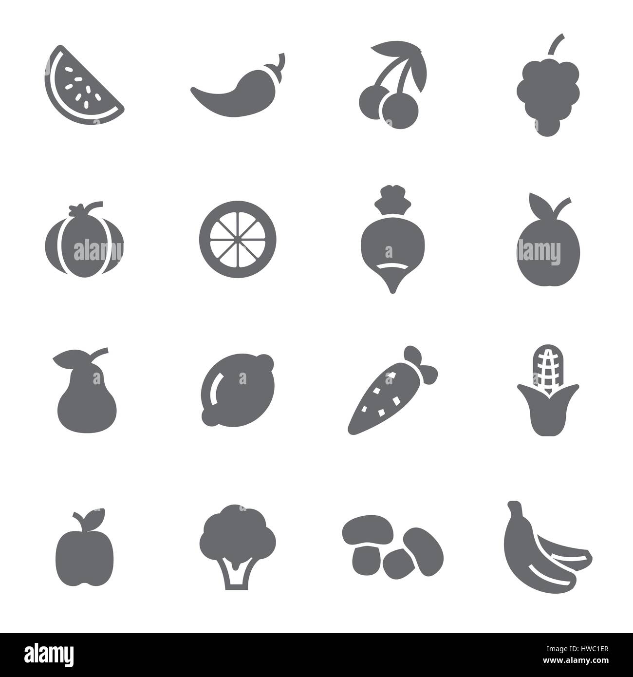 Vector black fruit and vegetables icons set on white background Stock ...