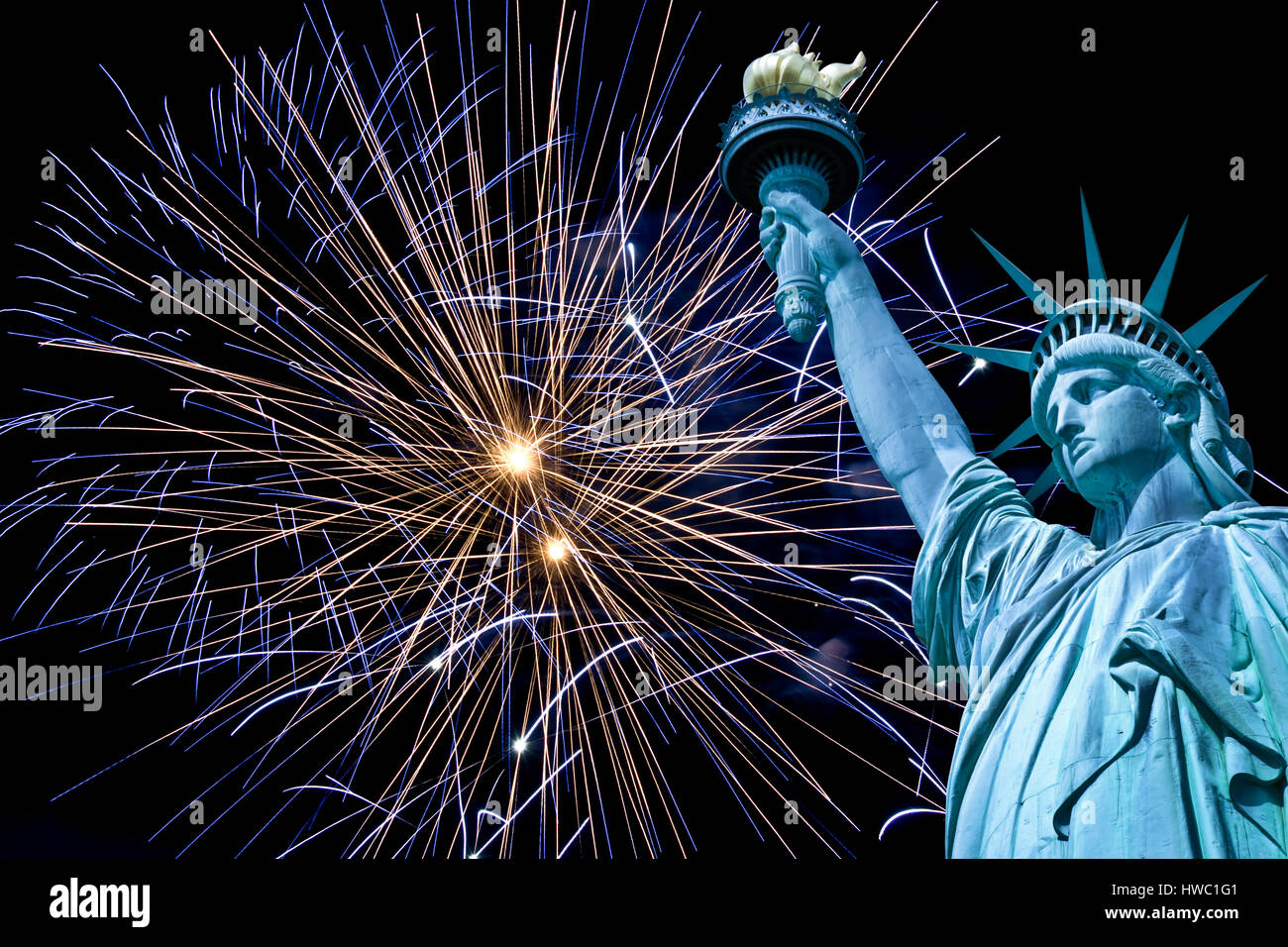 Statue of Liberty, night sky with fireworks, New York, USA Stock Photo