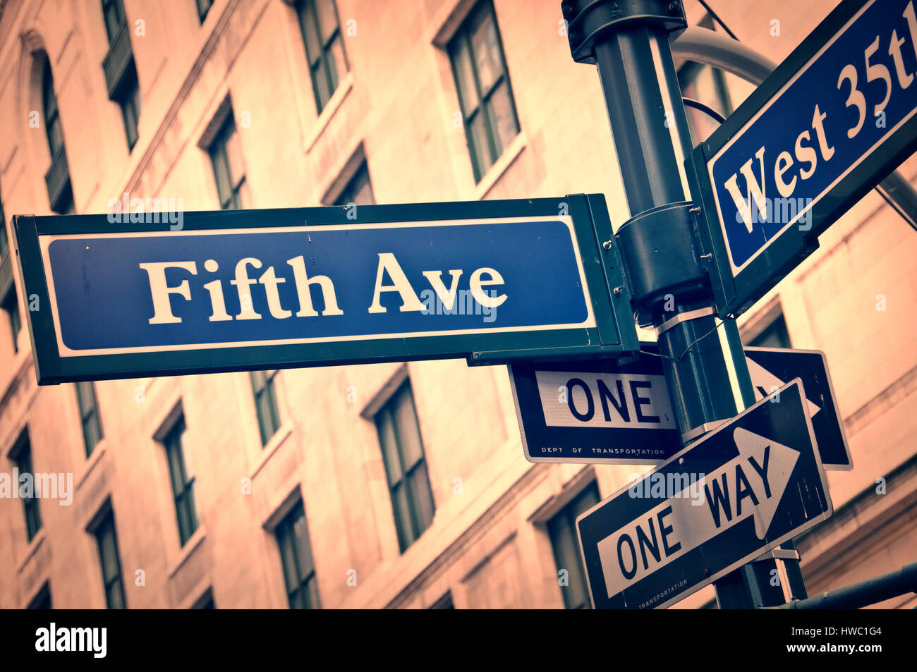 New York Fifth avenue street sign post vintage style Stock Photo