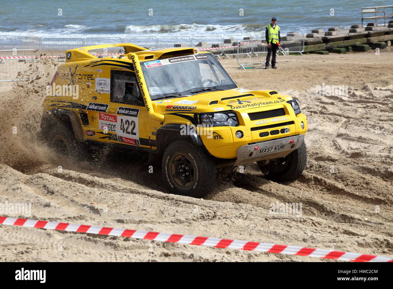 Dakar Rally Team prepared Land Rover Freelander demonstrating racing skills at Bournemouth Wheels Festival 2014 Dorset UK Stock Photo