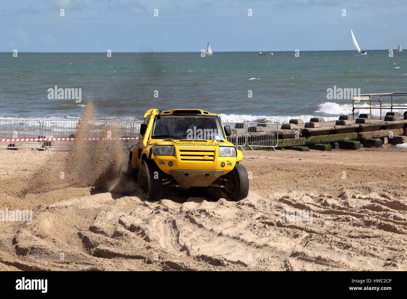 Dakar Rally Team prepared Land Rover Freelander demonstrating racing skills at Bournemouth Wheels Festival 2014 Dorset UK Stock Photo