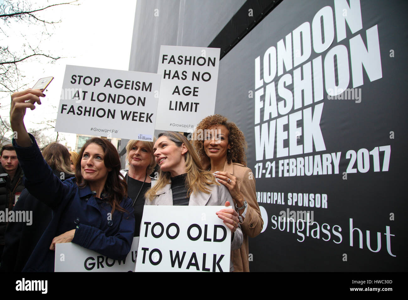 Former Sun Page 3 model Jilly Johnson joins Jane Felstead as models all over the age of 45 protest against age discrimination, calling for a wider use of older models on the catwalk.  Where: London, United Kingdom When: 17 Feb 2017 Stock Photo