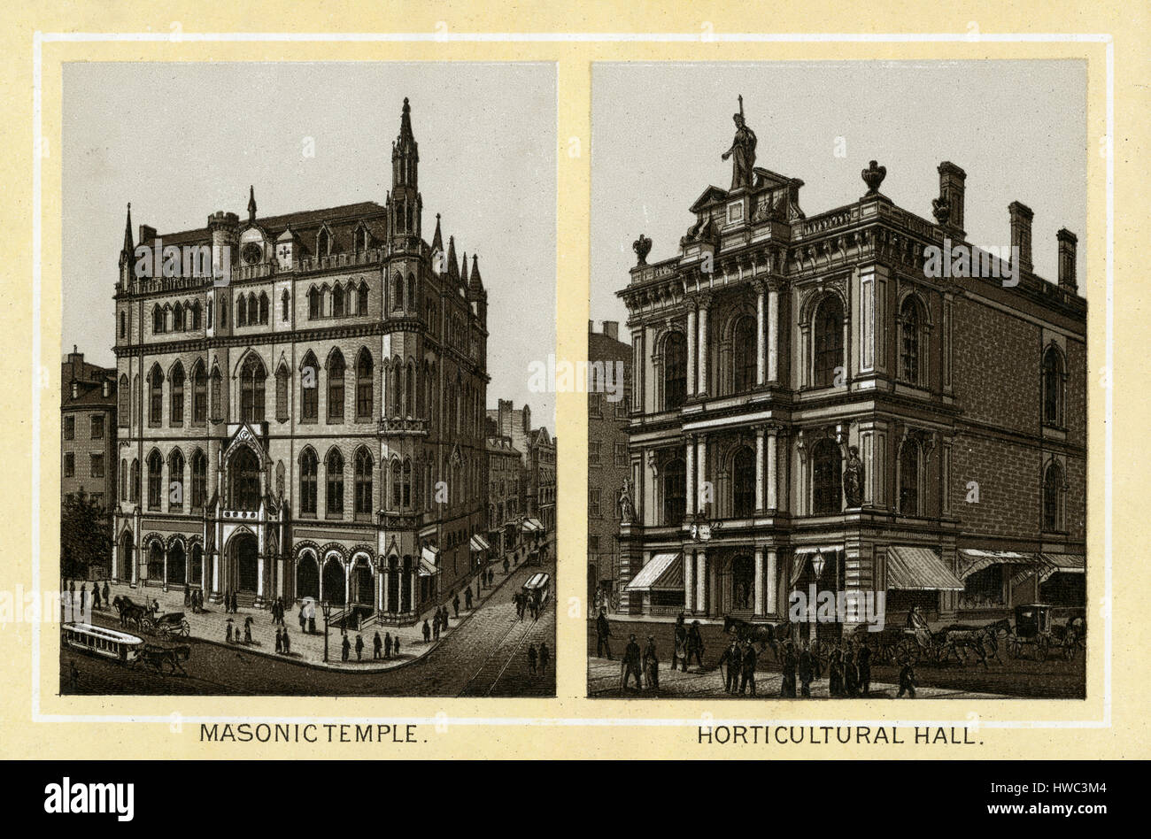 Antique 1883 monochromatic print from a souvenir album, showing the Masonic Temple (built 1867) and Horticultural Hall (built 1865) in Boston, Massachusetts. The Masonic Temple on the corner Boylston and Tremont Streets was designed by Merrill G. Wheelock. Horticultural Hall (1865-1901) of Boston, Massachusetts, was the headquarters of the Massachusetts Horticultural Society in the later 19th century. It stood at no.100-102 Tremont Street, at the corner of Bromfield Street, opposite the Granary Burying Ground. Printed with the Glaser/Frey lithographic process, a multi-stone lithographic proces Stock Photo