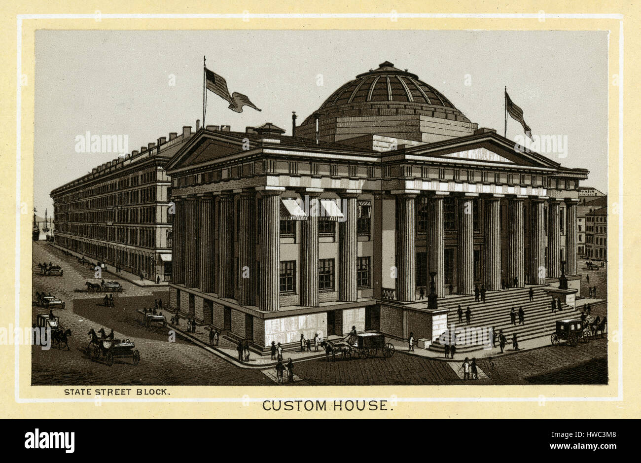 Antique 1883 monochromatic print from a souvenir album, showing the Custom House on India Street and State Street in Boston, Massachusetts. Printed with the Glaser/Frey lithographic process, a multi-stone lithographic process developed in Germany. Stock Photo