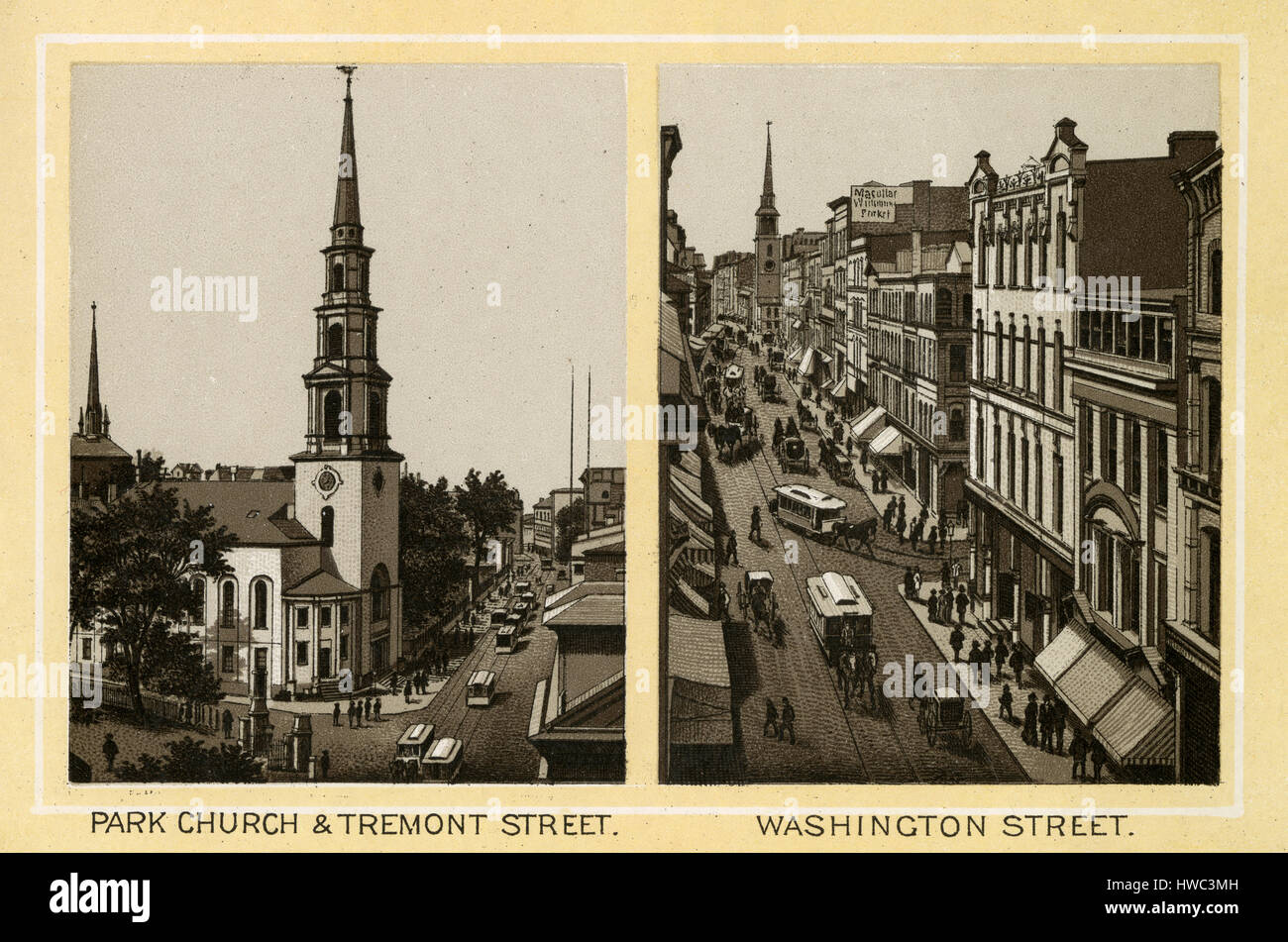 Antique 1883 monochromatic print from a souvenir album, showing the Park Church & Tremont Street and Washington Street in Boston, Massachusetts. Printed with the Glaser/Frey lithographic process, a multi-stone lithographic process developed in Germany. Stock Photo