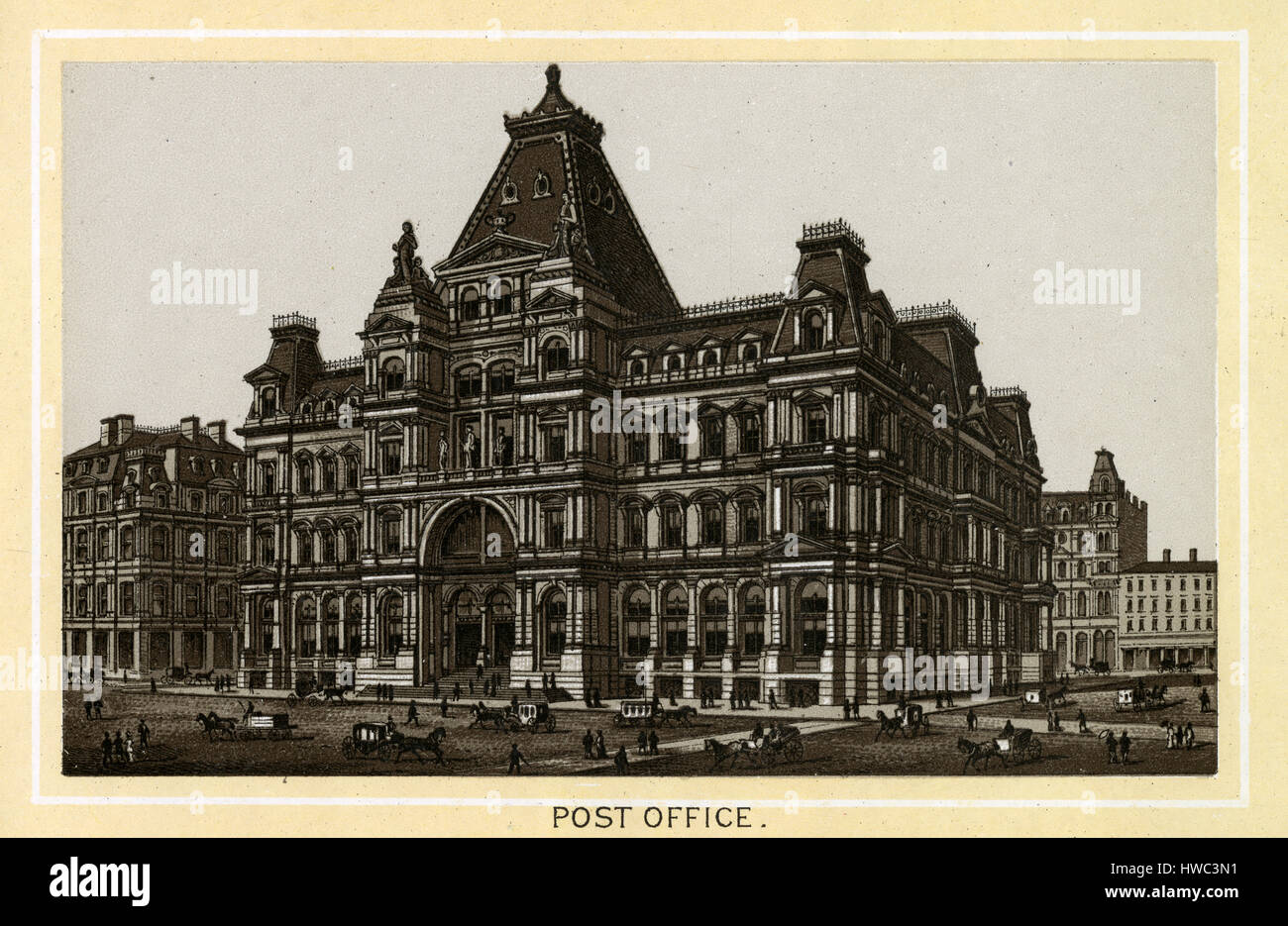 Antique 1883 monochromatic print from a souvenir album, showing the United States Post Office in Boston, Massachusetts. The United States Post Office and Sub-Treasury Building (demolished 1929) was a public building on Post Office Square. Printed with the Glaser/Frey lithographic process, a multi-stone lithographic process developed in Germany. Stock Photo