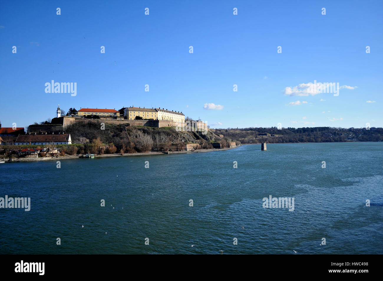 The view from Varadin bridge on the international river the Danube and the fortress which is made in the 1780 year, on the coast of capital city of pr Stock Photo