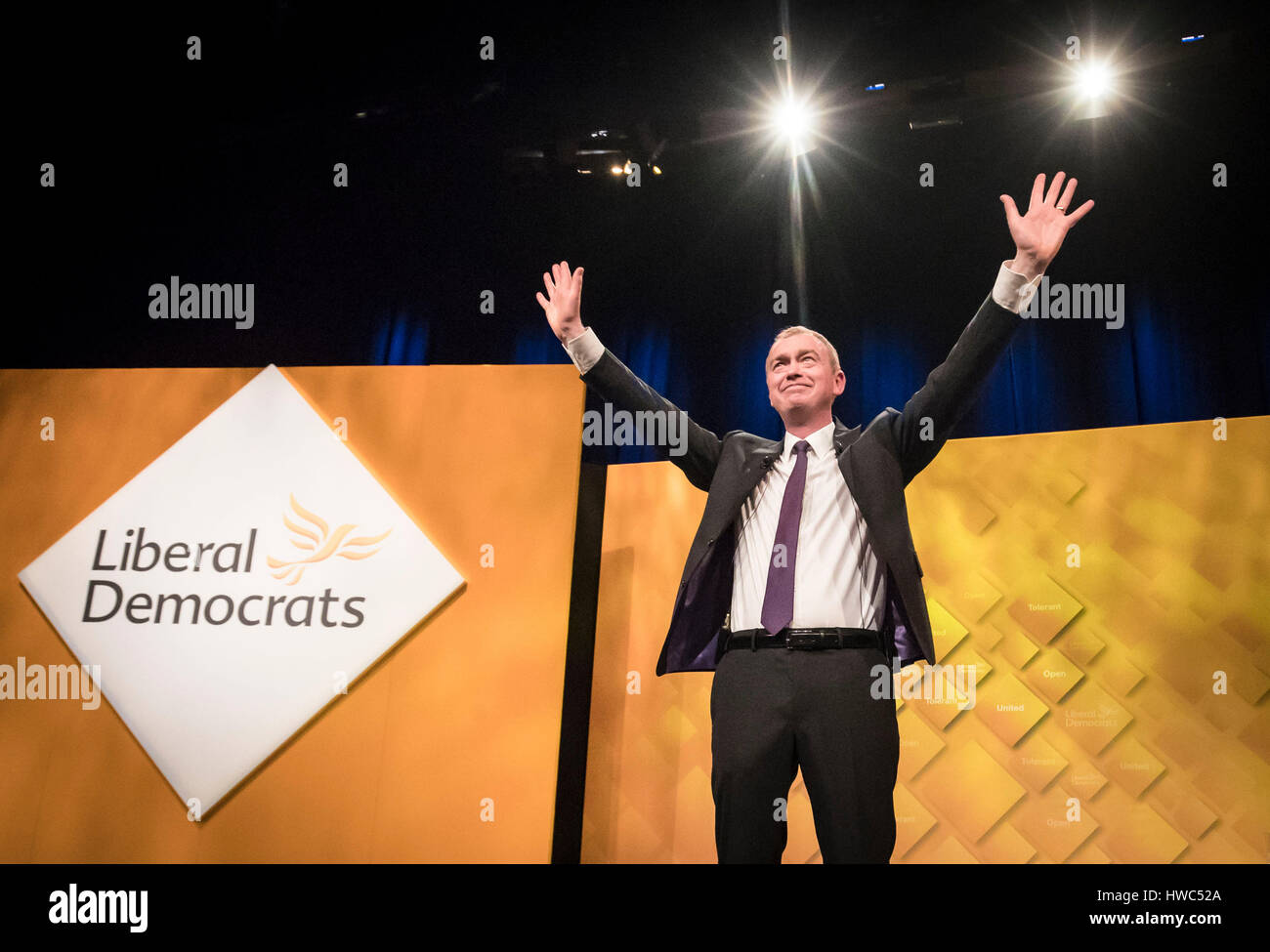 Leader of the Liberal Democrats Tim Farron following a keynote speech where he accused Theresa May of pursuing the same 'aggressive nationalistic' agenda as Donald Trump and Vladimir Putin, during the Liberal Democrat spring conference at the Barbican Centre in York. Stock Photo