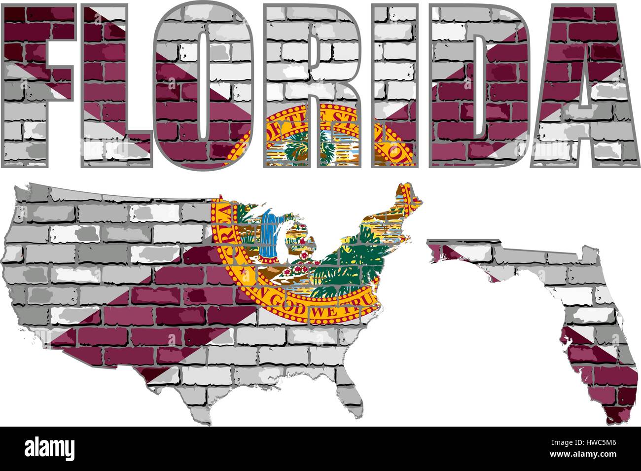 Florida on a brick wall Illustration, Font with the Florida flag, Florida map on a brick wall