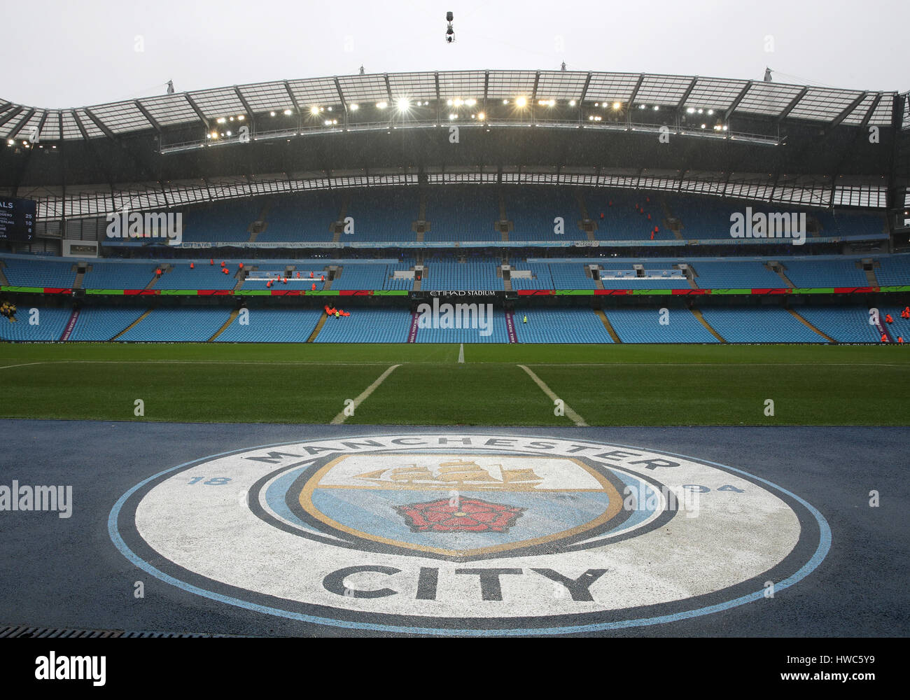 The Spidercam is set up prior to the Premier League match at the Etihad Stadium, Manchester. Stock Photo