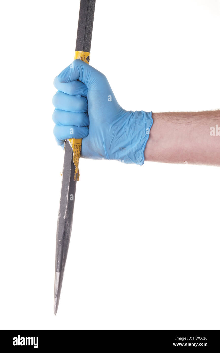 Stock Photo - Right hand wearing a blue nitrile glove holding a wrecking bar, isolated on white Stock Photo