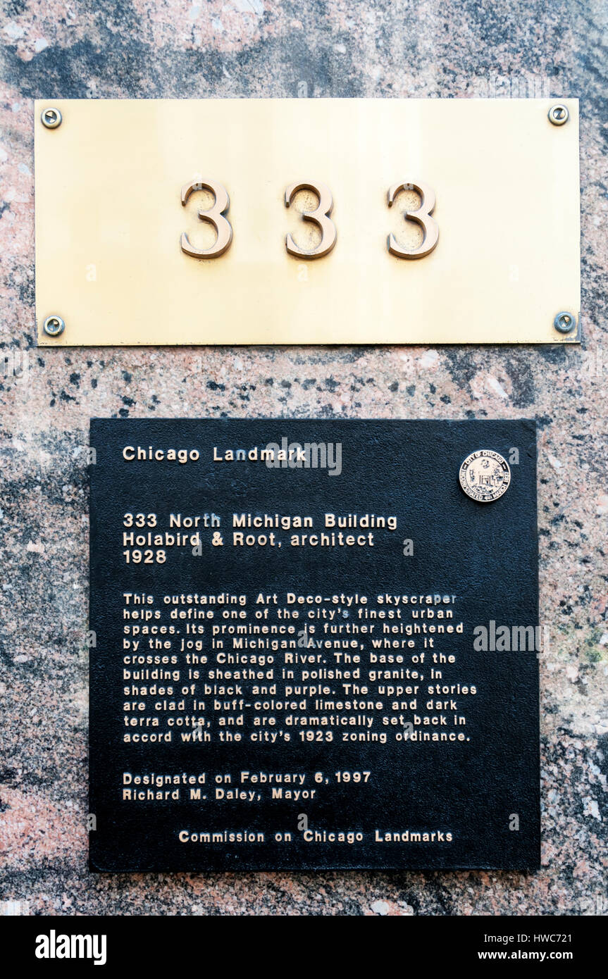 Chicago Landmark sign on 333 North Michigan Building. Designated by Mayor Richard M. Daley in 1997. Stock Photo