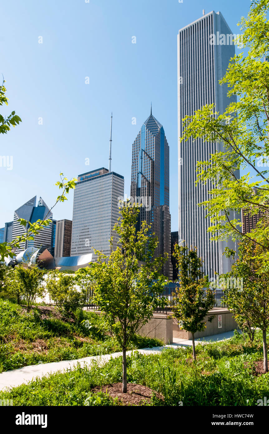 Buildings on E Randolph St from Grant Park in The Loop district of Chicago Stock Photo