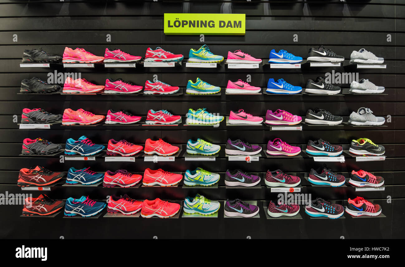 MALMO, SWEDEN - MARCH 08, 2017: Various models and brands of running shoes  for ladies in Stadium store in Malmo's Emporia Shopping Center Stock Photo  - Alamy