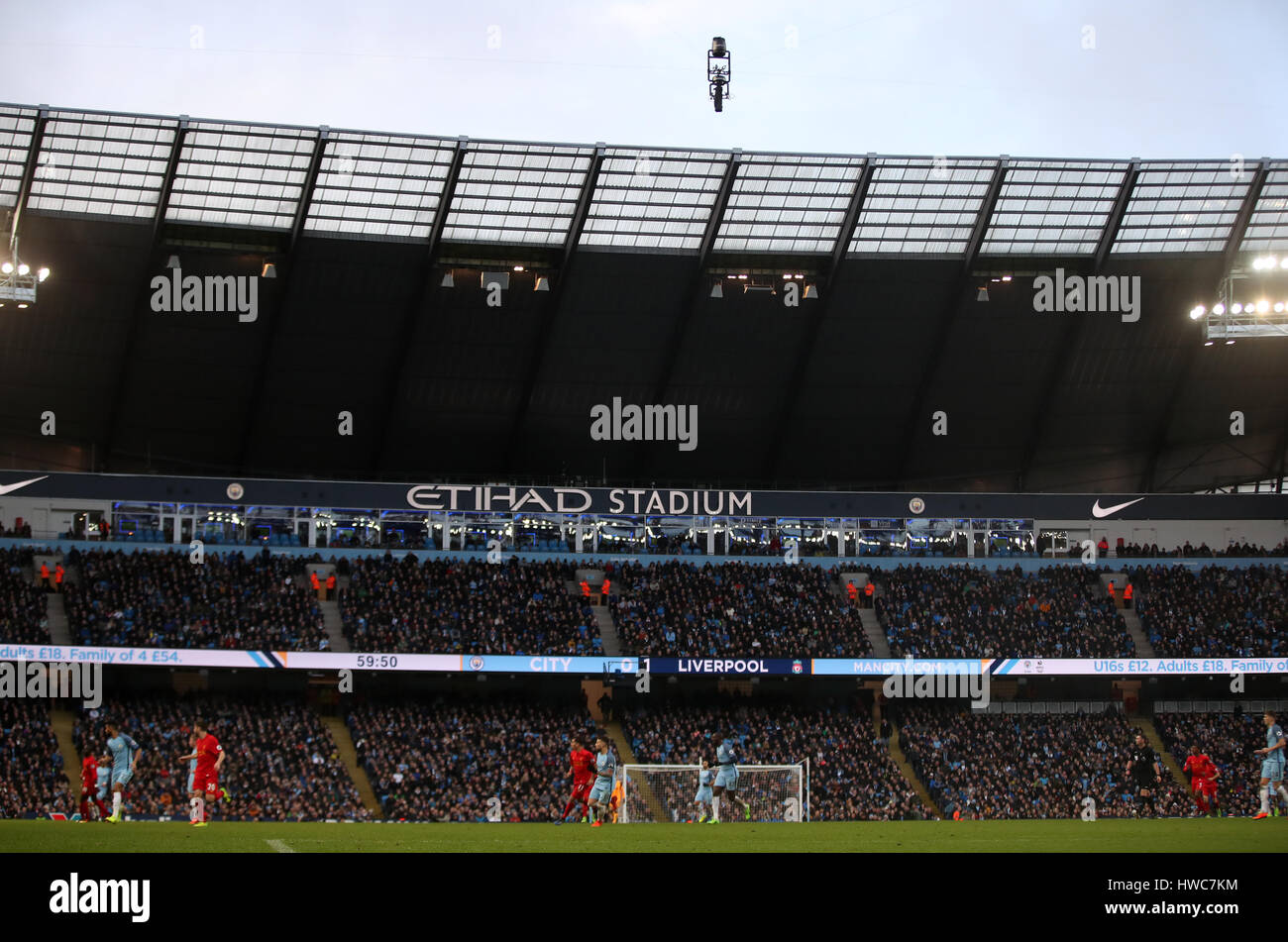 The Spidercam in action above the the Premier League match at the Etihad Stadium, Manchester. Stock Photo