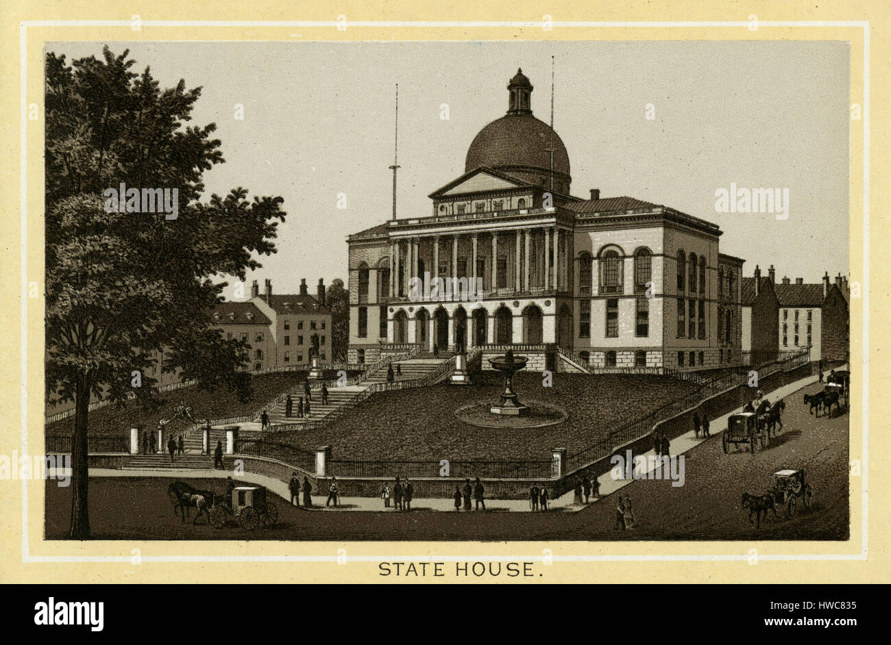 Antique 1883 monochromatic print from a souvenir album, showing the Massachusetts State House. The Massachusetts State House, also known as the Massachusetts Statehouse or the New State House, is the state capitol and seat of government for the Commonwealth of Massachusetts, located in the Beacon Hill/Downtown neighborhood of Boston. Printed with the Glaser/Frey lithographic process, a multi-stone lithographic process developed in Germany. Stock Photo