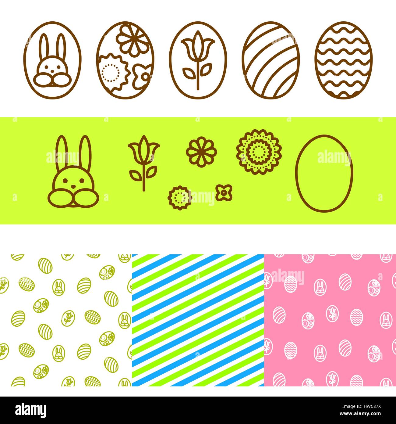 Easter outline eggs, bunny and florals vector icons. Pattern line set. Stock Vector