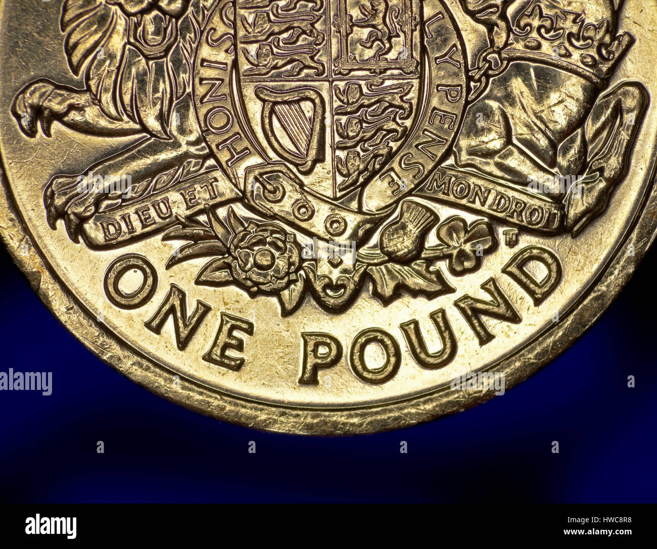 One pound coin showing stamped detail Stock Photo