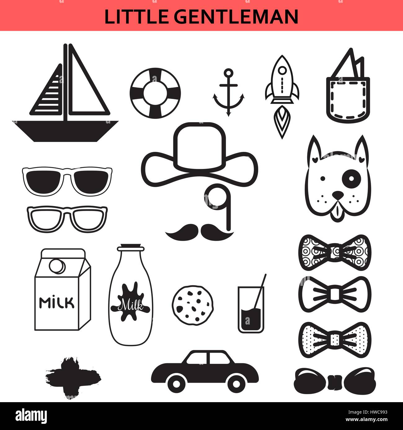 Little gentleman outline black vector icons. Boy prop elements for apparel, toys, cards design isolated on white. Stock Vector
