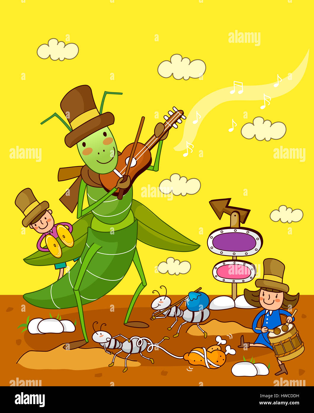 arrow sign,boys,brass,brown hair,casual clothing,child,children only,circle,cloud,color image,computer graphic,cymbal,day,drum,drumstick,front view,full length,girls,grasshopper,hat,holding,illustration,digitally generated Stock Photo