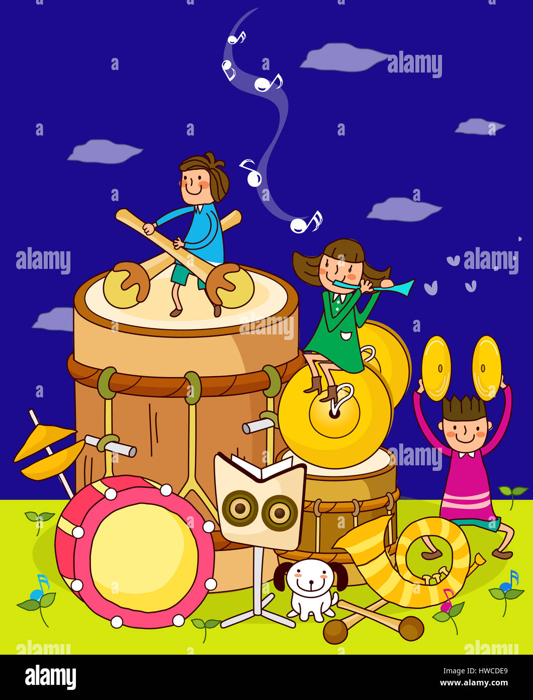 blue,boys,brass,brown hair,casual clothing,child,children only,circle,cloud,color image,computer graphic,cymbal,day,dog,drum,drumstick,flute,front view,full length,girls,holding,illustration,digitally generated image,computer Stock Photo