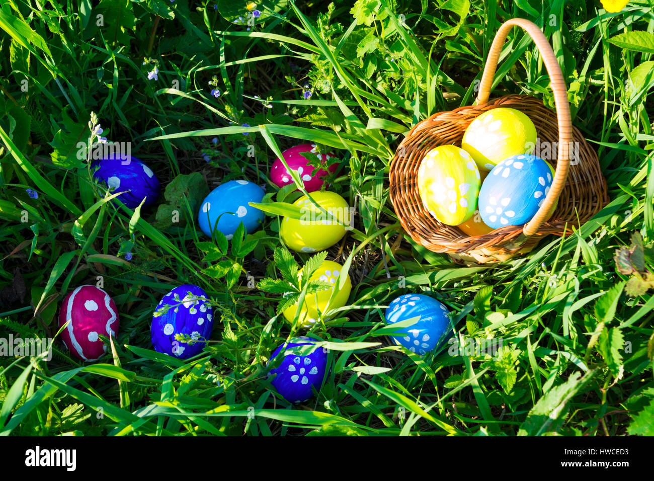Easter background with yellow, blue and red hand painted eggs and wicker basket in green grass. Happy Easter greeting card. Stock Photo