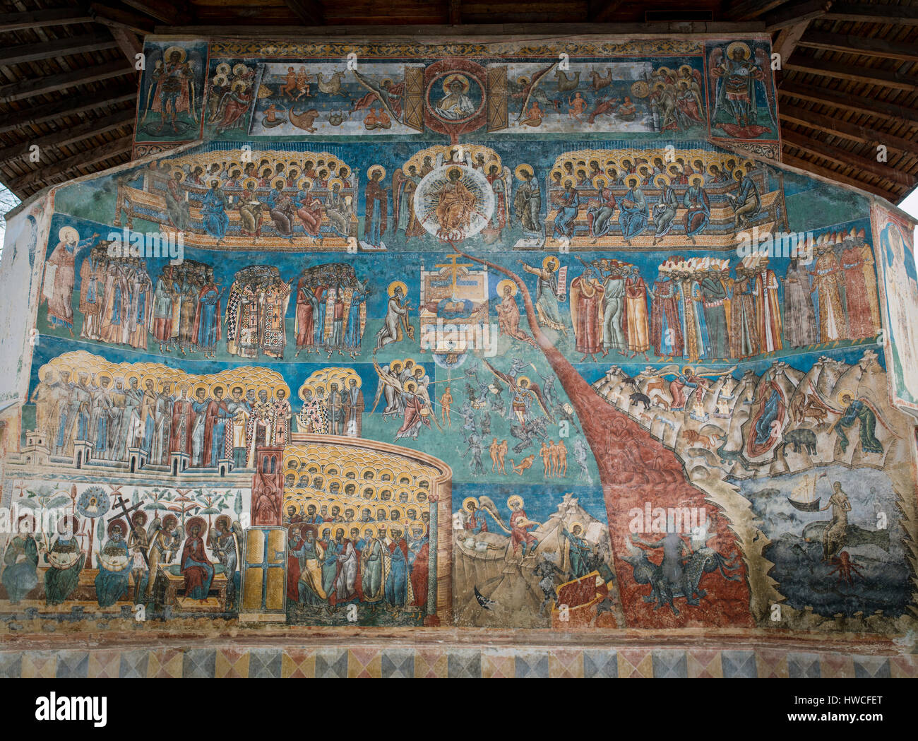 Outdoor fresco The Last Judgement, Voronet Monastery, Church of Moldavia, Bukovina, Romania Stock Photo