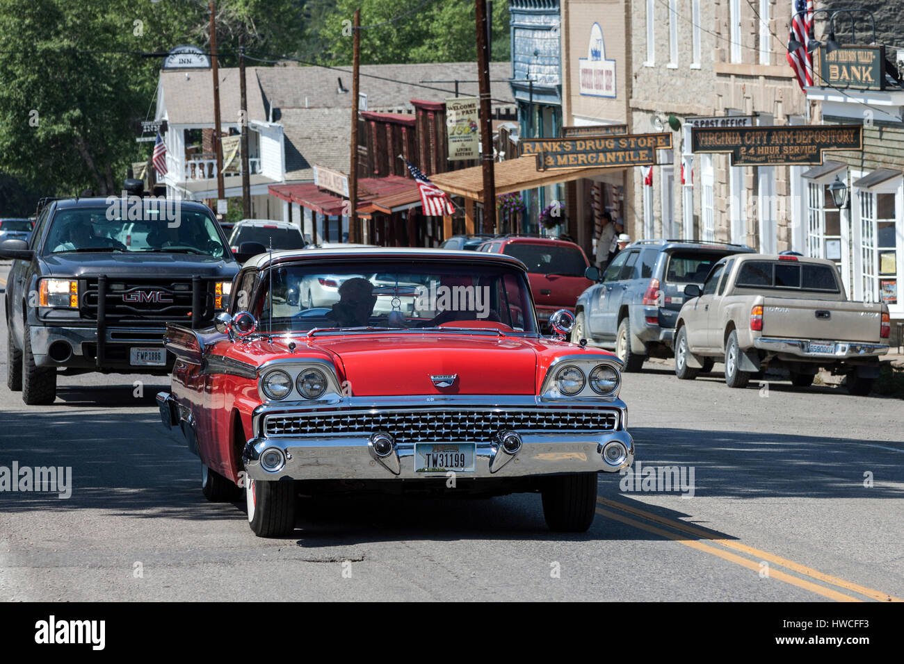 Oldtimer driving through Virginia City, former gold mining town, Montana Province, USA Stock Photo