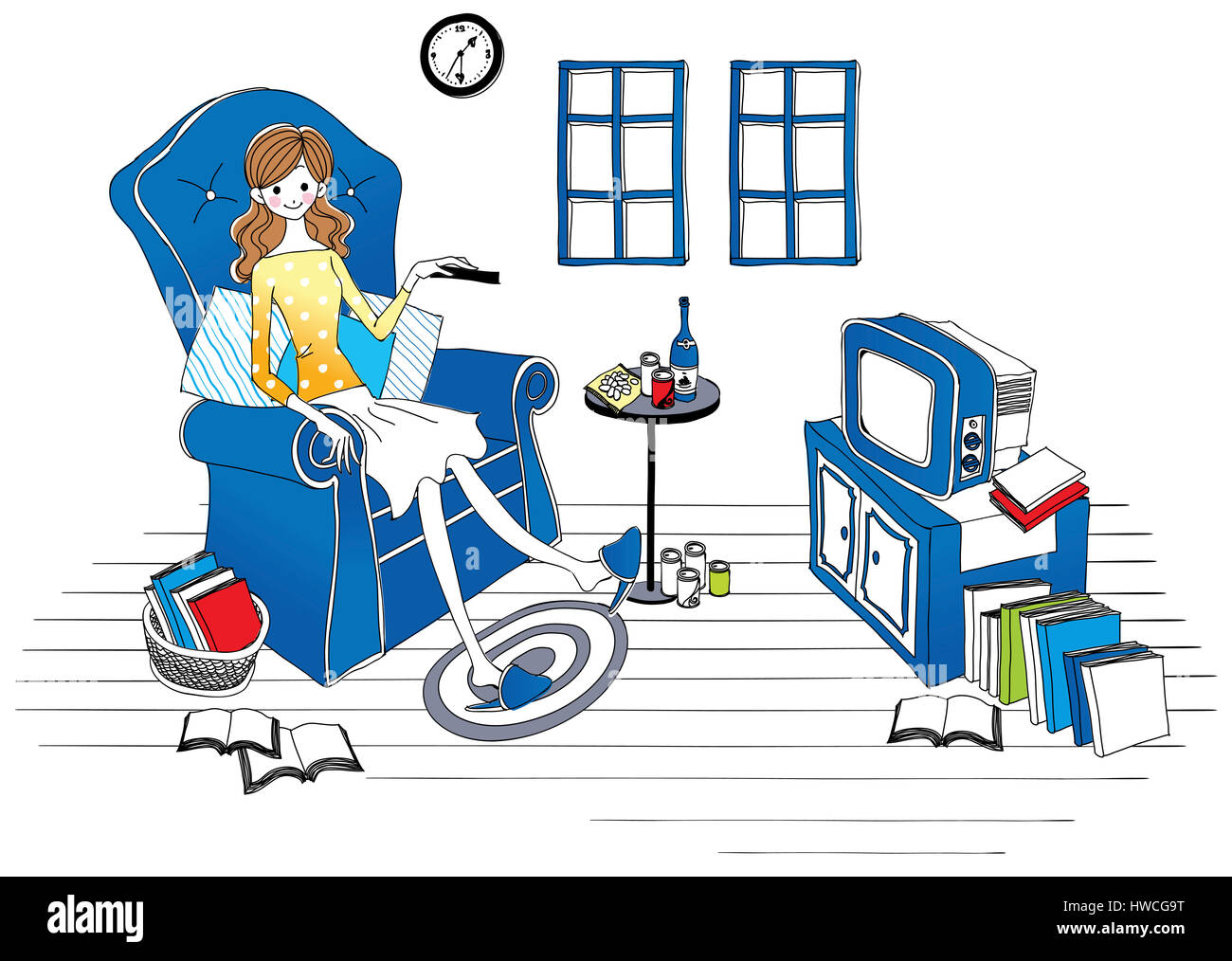 arm chair,art,book,bottle,cabinet,can,clock,color image,concepts,creativity,digitally generated image,female likeness,flip-flop,food and drink,front view,full length,home Stock Photo