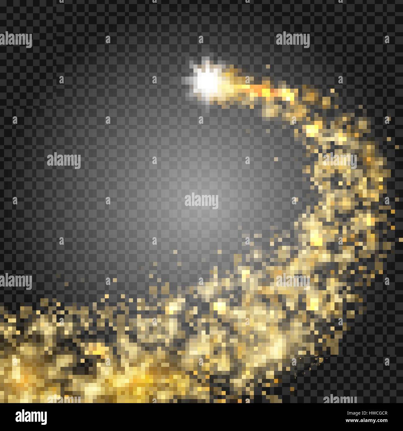 A bright comet with large dust. Falling Star. Really transparent effect. Glow light effect. Golden lights. Vector illustration Stock Vector