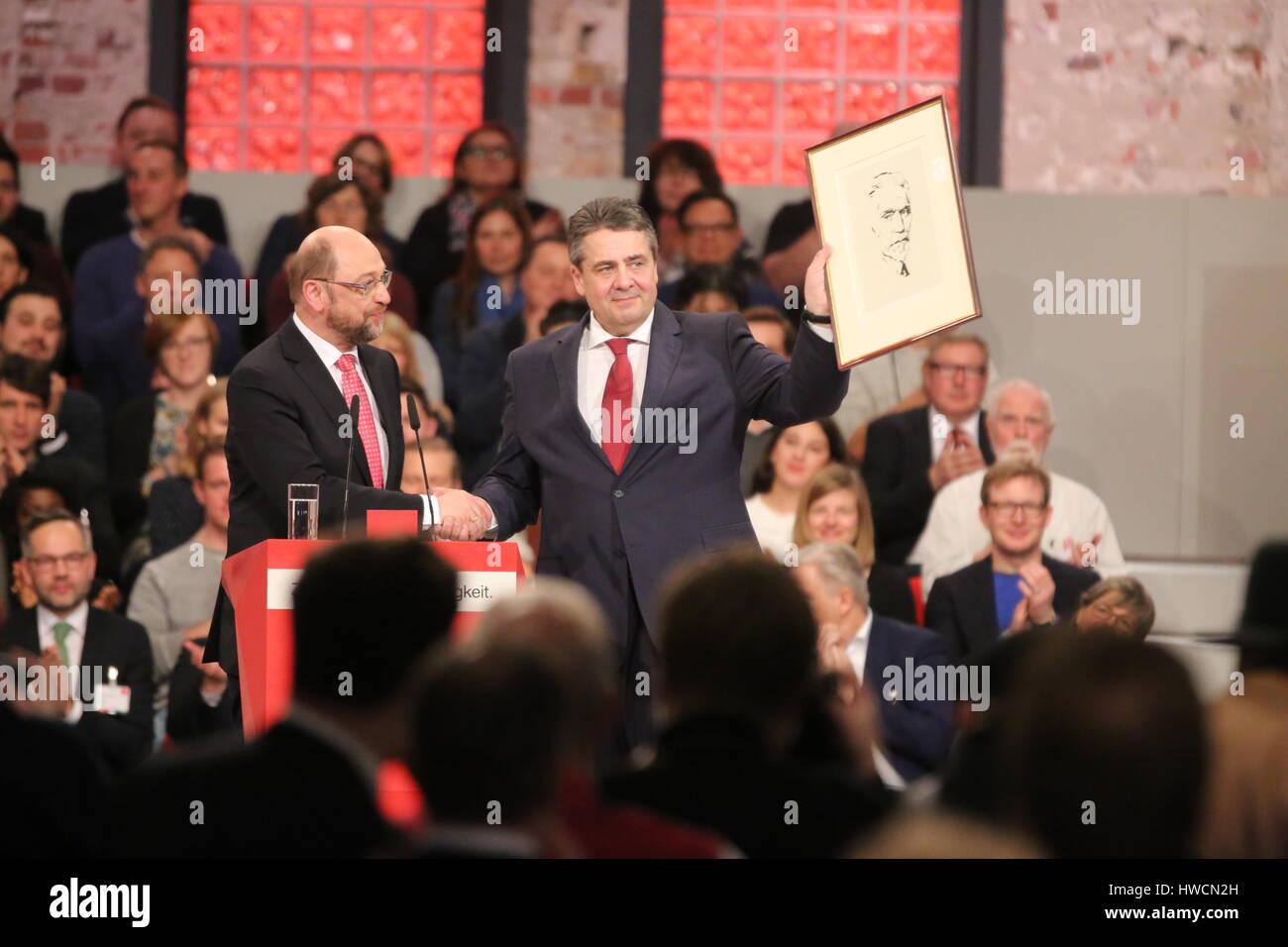 Berlin, Germany. 19th Mar, 2017. Sigmar Gabriel and Martin Schulz on the special Party Congress of SPD in the arena in Berlin-Treptow. Credit: Simone Kuhlmey/Pacific Press/Alamy Live News Stock Photo
