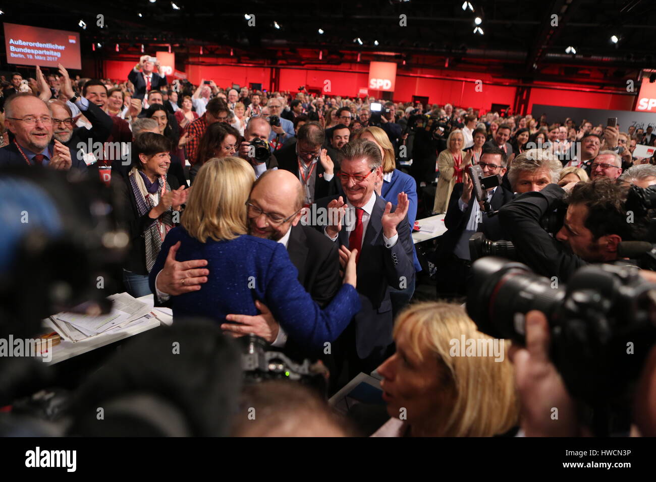 Berlin, Germany. 19th Mar, 2017. Candidate for the post of chancellor Martin Schulz with his speech on the extraordinary Bundesparteitag of SPD in Berlin-Treptow. Martin Schulz was chosen the party leader of SPD. Credit: Simone Kuhlmey/Pacific Press/Alamy Live News Stock Photo