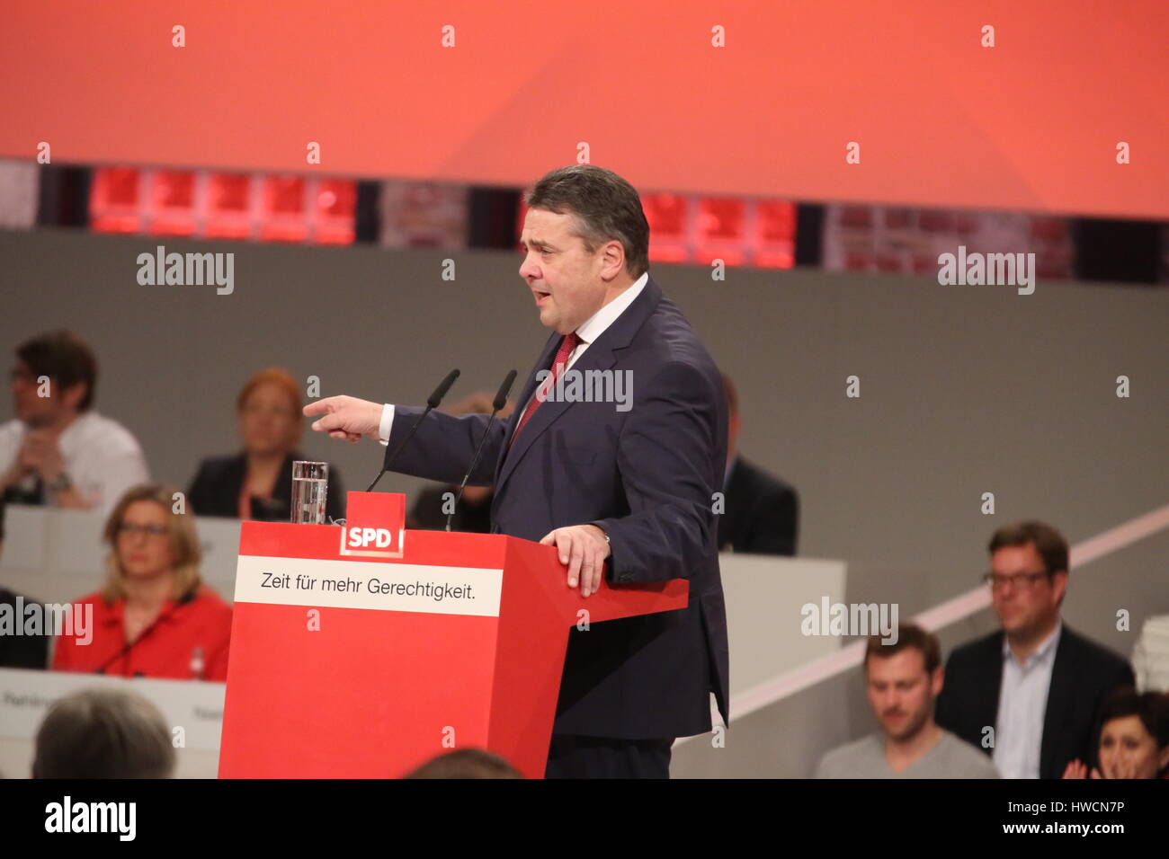 Berlin, Germany. 19th Mar, 2017. Sigmar Gabriel and Martin Schulz on the special Party Congress of SPD in the arena in Berlin-Treptow. Credit: Simone Kuhlmey/Pacific Press/Alamy Live News Stock Photo