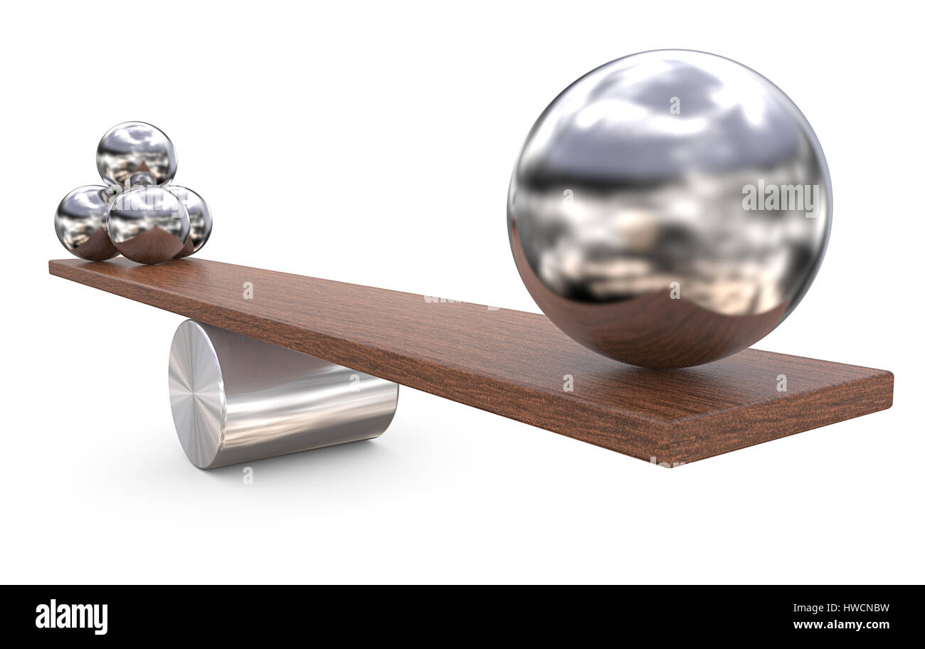 Balancing balls on wooden board. Four small and One Large on opposite side. 3D render. Stock Photo