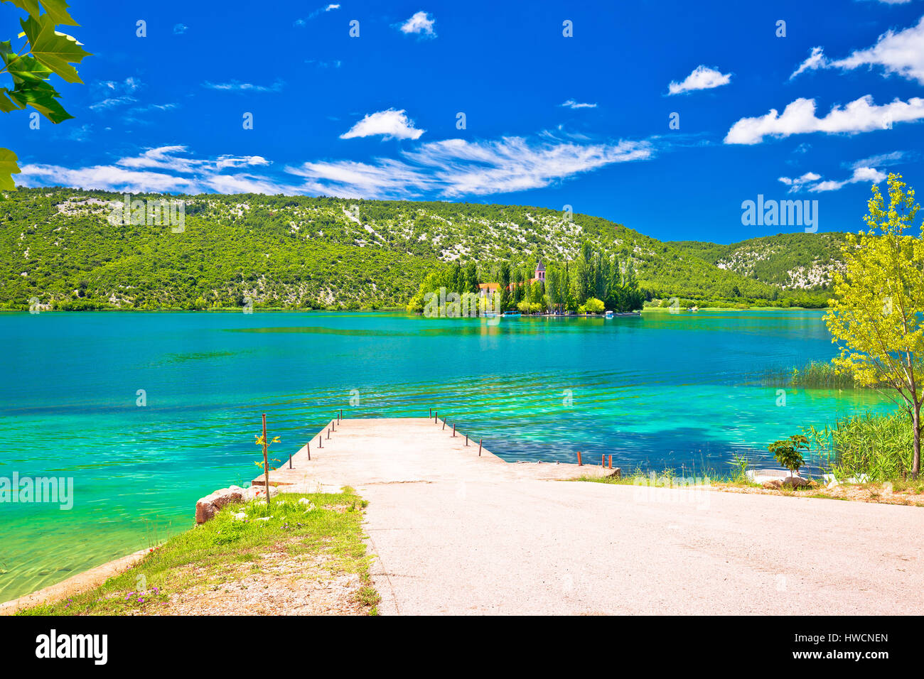 Visovac lake and island monastery in Krka river national park, Dalmatia, Croatia Stock Photo