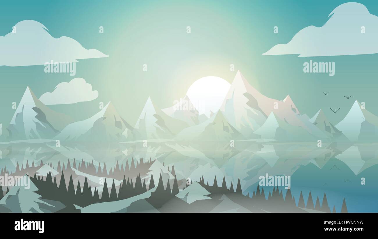 Abstract Mountains with Lake and Pine Forest - Vector Illustration ...
