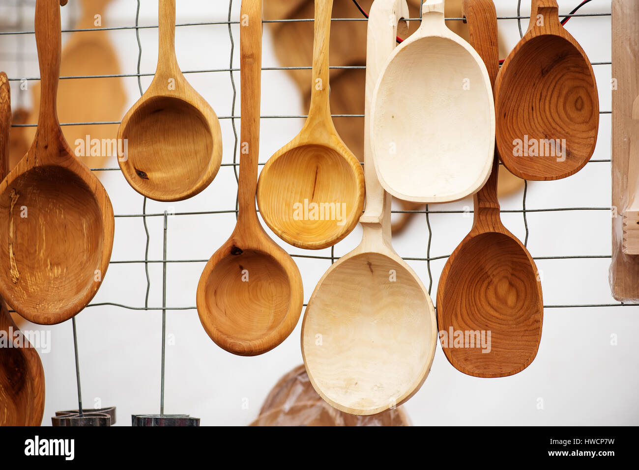 Handicraft mart Kaziukas in Vilnius, Lithuania: wooden homemade spoons Stock Photo
