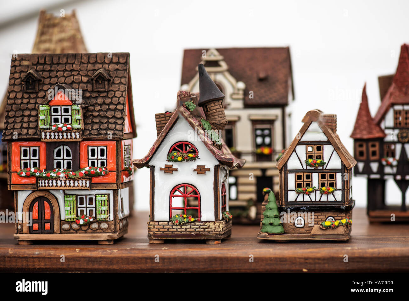 Handicraft mart Kaziukas in Vilnius, Lithuania: ceramic houses Stock Photo