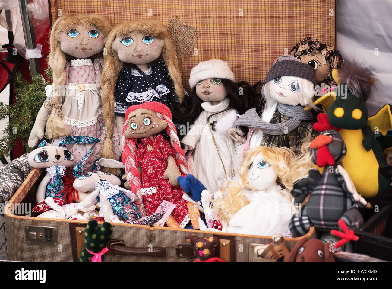 Handicraft mart Kaziukas in Vilnius, Lithuania: homemade rag dolls Stock Photo