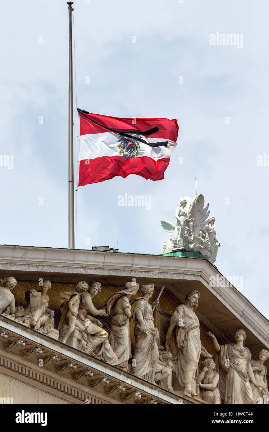 Austria federal service flag, At half-mast, symbol for federal state, grief, patriotism, Österreich Bundesdienstflagge, Halbmast, Symbol für Bundessta Stock Photo