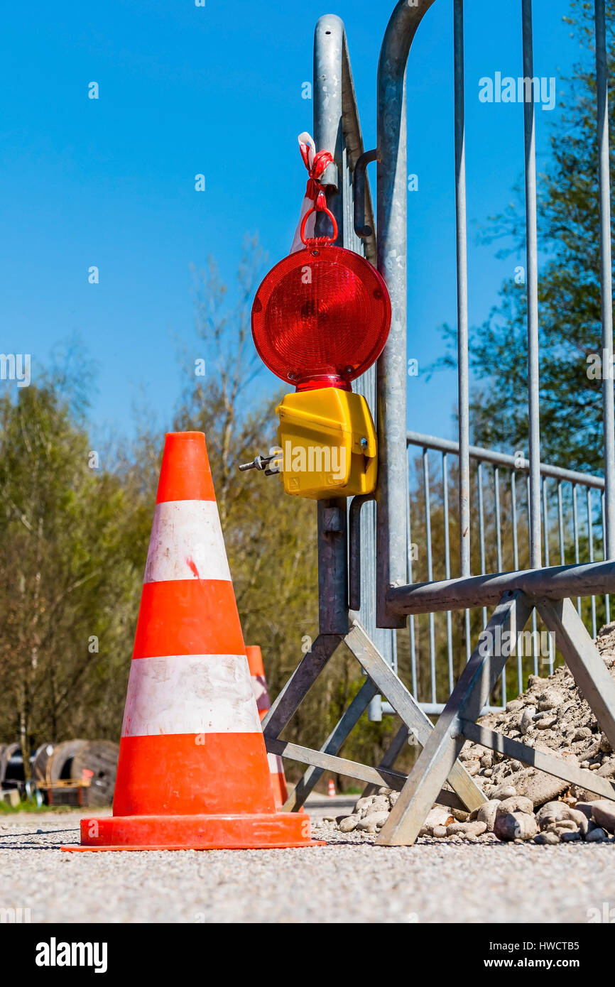 Security by leading cone at a road construction place, Absicherung durch Leitkegel bei einer Strassenbaustelle Stock Photo