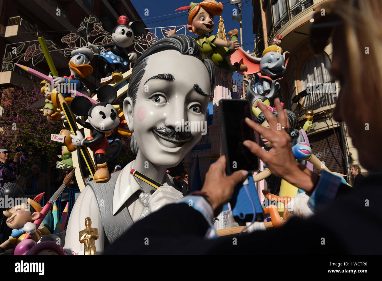 Valencia, Spain. 19th Mar, 2017. A 'ninot' (puppet or doll) representing Walter Elias 'Walt' Disney is displayed during the 'Fallas' Festival in Valencia, Spain. Credit: Jorge Sanz/Pacific Press/Alamy Live News Stock Photo